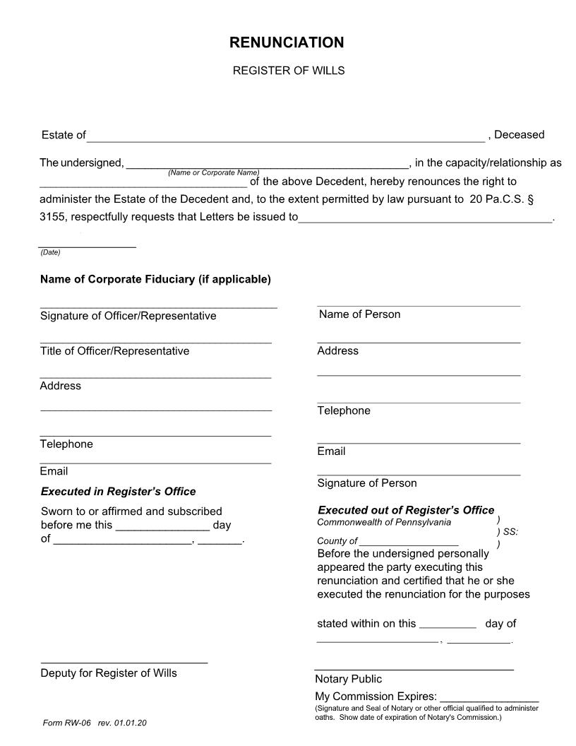 Renunciation {RW-06} | Pdf Fpdf Doc Docx | Pennsylvania
