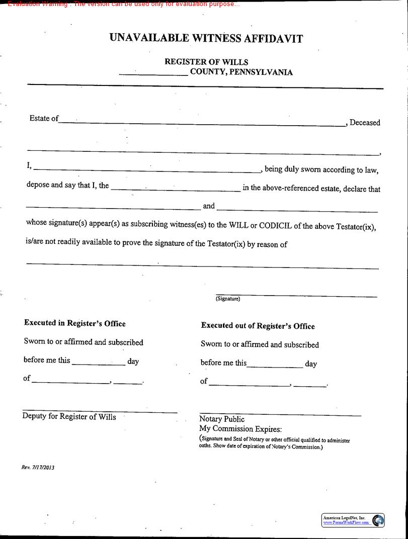 Unavailable Witness Affidavit | Pdf Fpdf Doc Docx | Pennsylvania