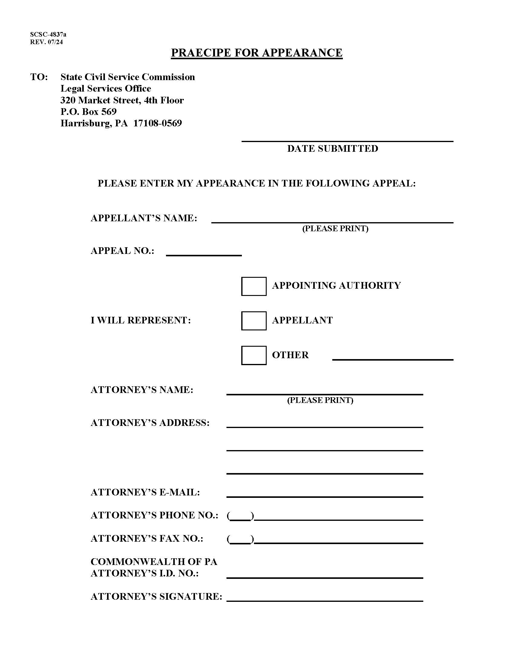Praecipe For Appearance {SCSC-4837a} | Pdf Fpdf Docx | Pennsylvania