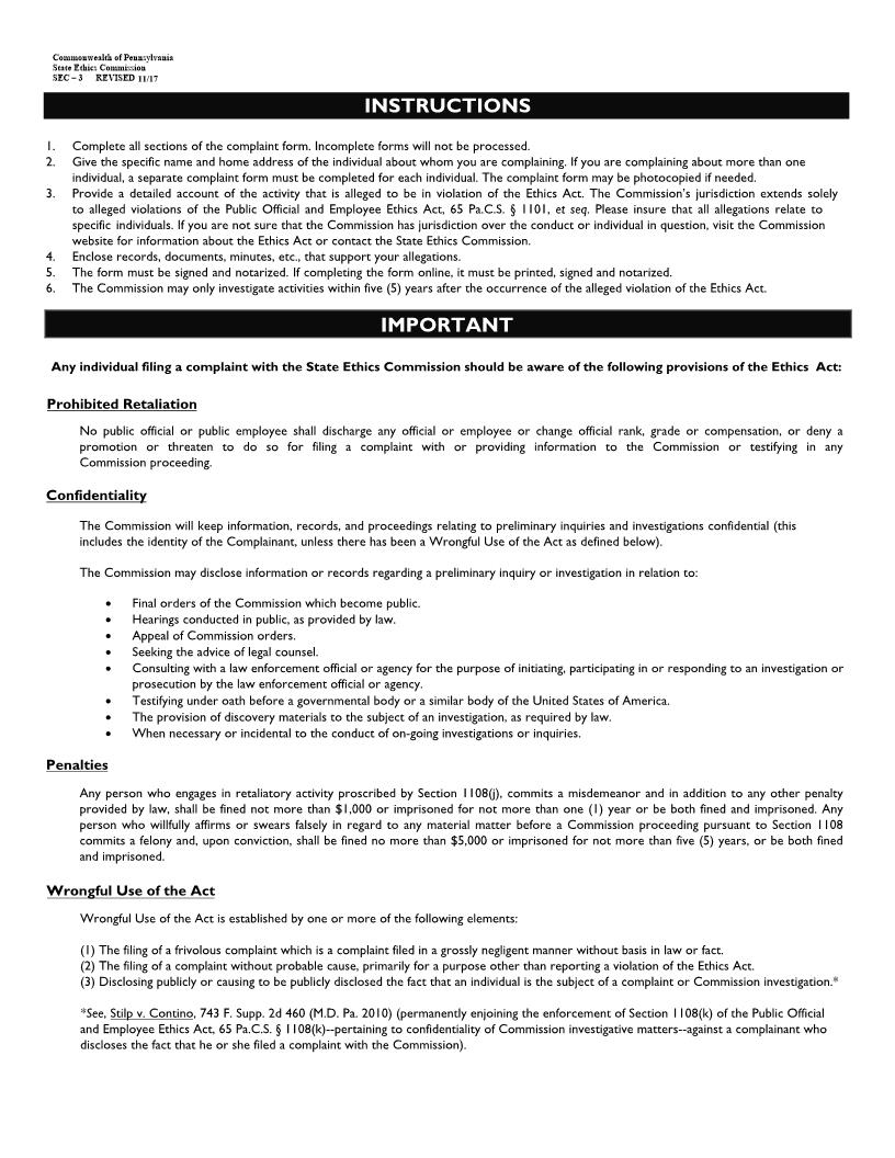 Ethics Complaint {SEC-3} | Pdf Fpdf Docx | Pennsylvania
