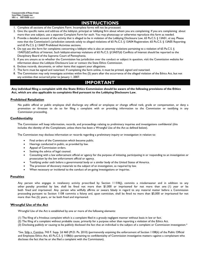 Lobbying Complaint {SEC-4} | Pdf Fpdf Docx | Pennsylvania