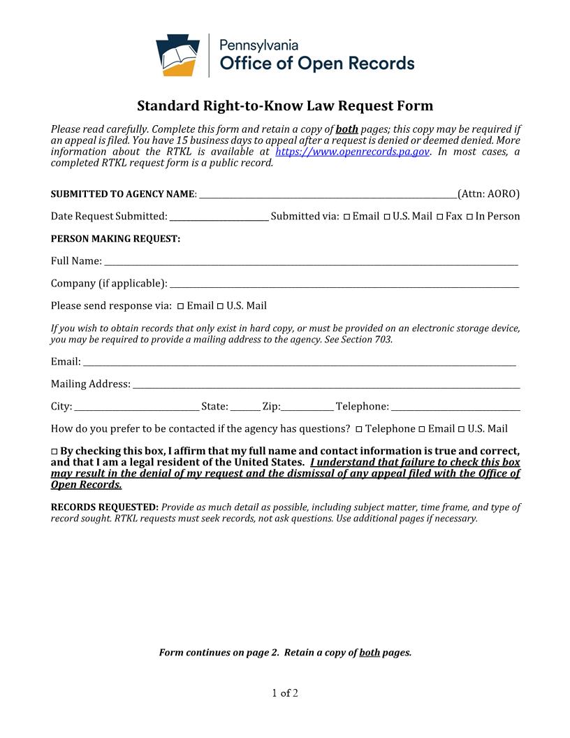 Right To Know Law Request Form {SEC-5} | Pdf Fpdf Docx | Pennsylvania