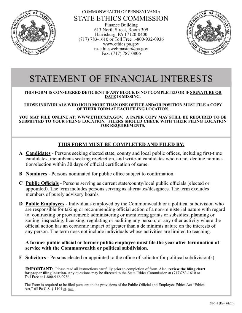 Statement Of Financial Interests {SEC-1} | Pdf Fpdf Doc Docx | Pennsylvania