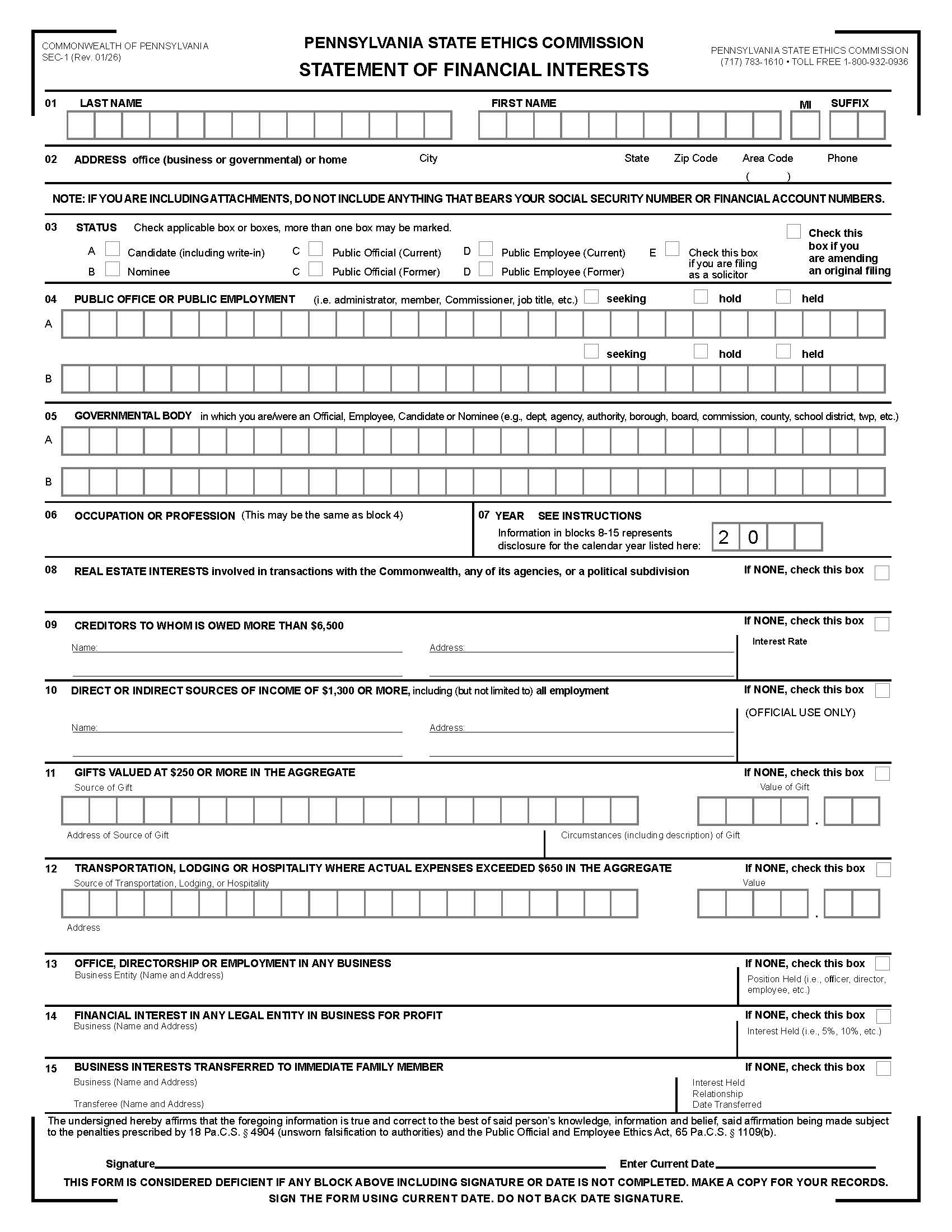 Statement Of Financial Interests {SEC-1} | Pdf Fpdf Doc Docx | Pennsylvania