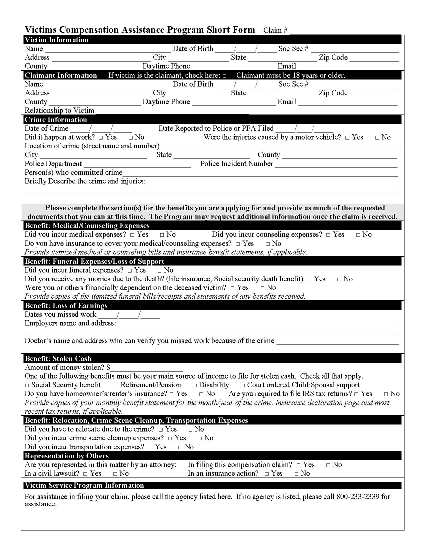 Victims Compensation Assistance Program Short Form | Pdf Fpdf Doc Docx | Pennsylvania