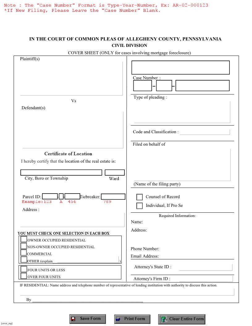 Cover Sheet (Mortgage Foreclosure) | Pdf Fpdf Doc Docx | Pennsylvania