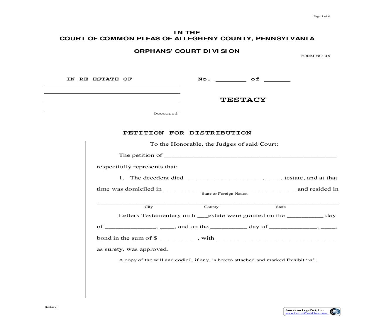 Petition For Distribution (Testacy) | Pdf Fpdf Doc Docx | Pennsylvania