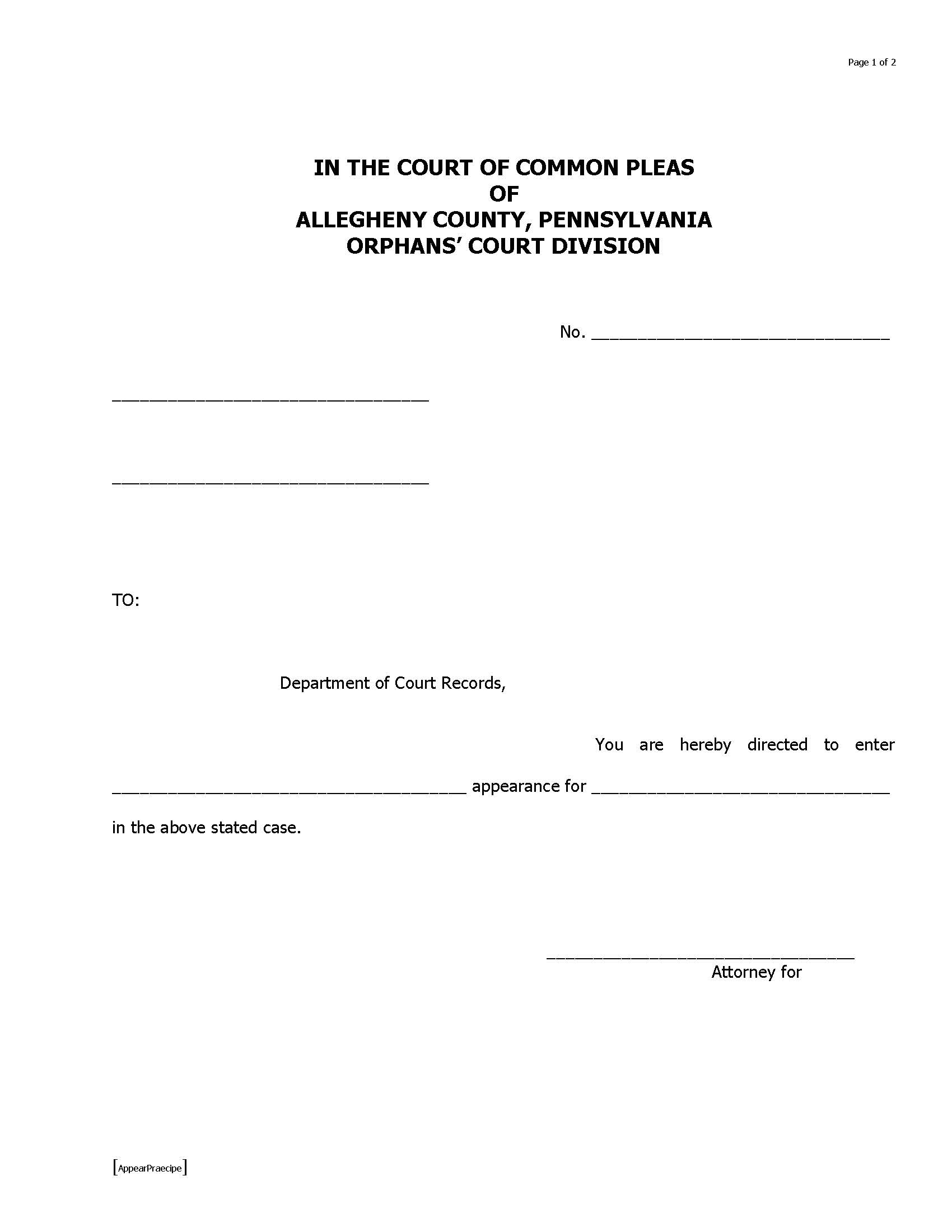 Praecipe For Appearance | Pdf Fpdf Doc Docx | Pennsylvania