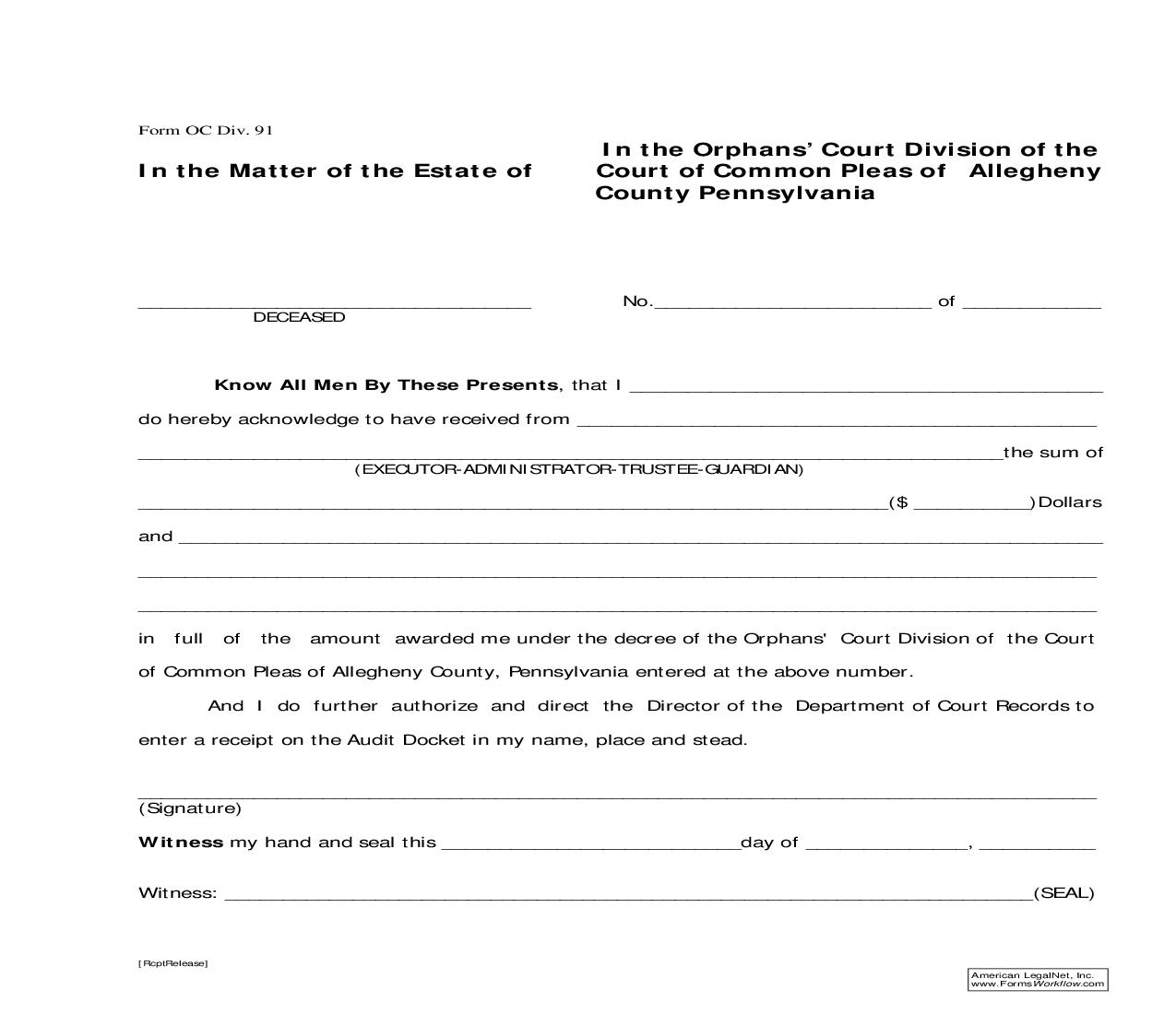 Receipt And Release | Pdf Fpdf Doc Docx | Pennsylvania