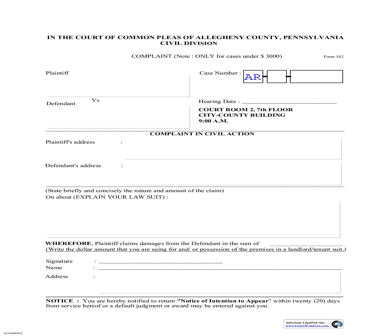 Complaint In Civil Action (Only For Cases Under 3000) {182} | Pdf Fpdf Doc Docx | Pennsylvania