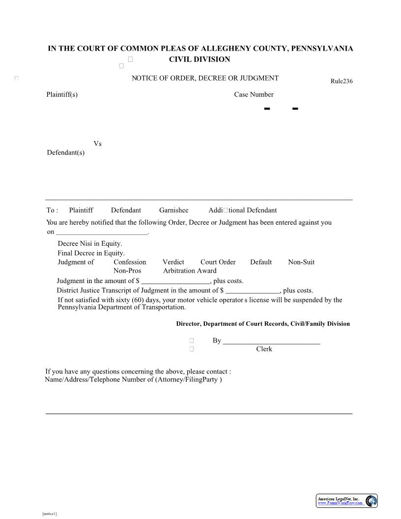 Notice Of Order Decree Or Judgment | Pdf Fpdf Docx | Pennsylvania