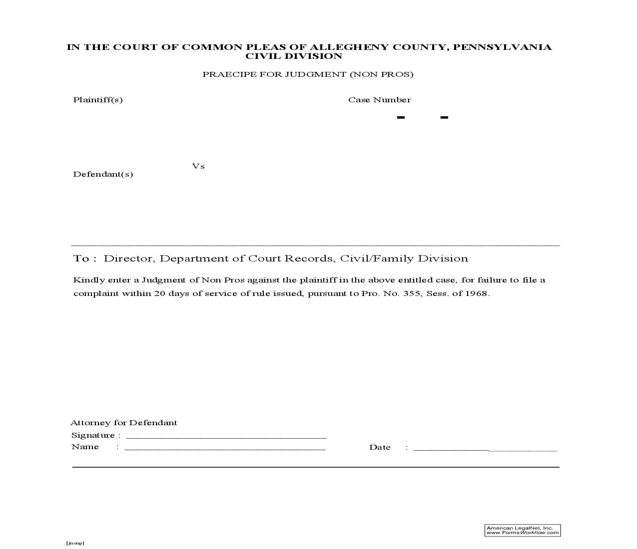 Praecipe For Judgment (Non Pros) | Pdf Fpdf Doc Docx | Pennsylvania