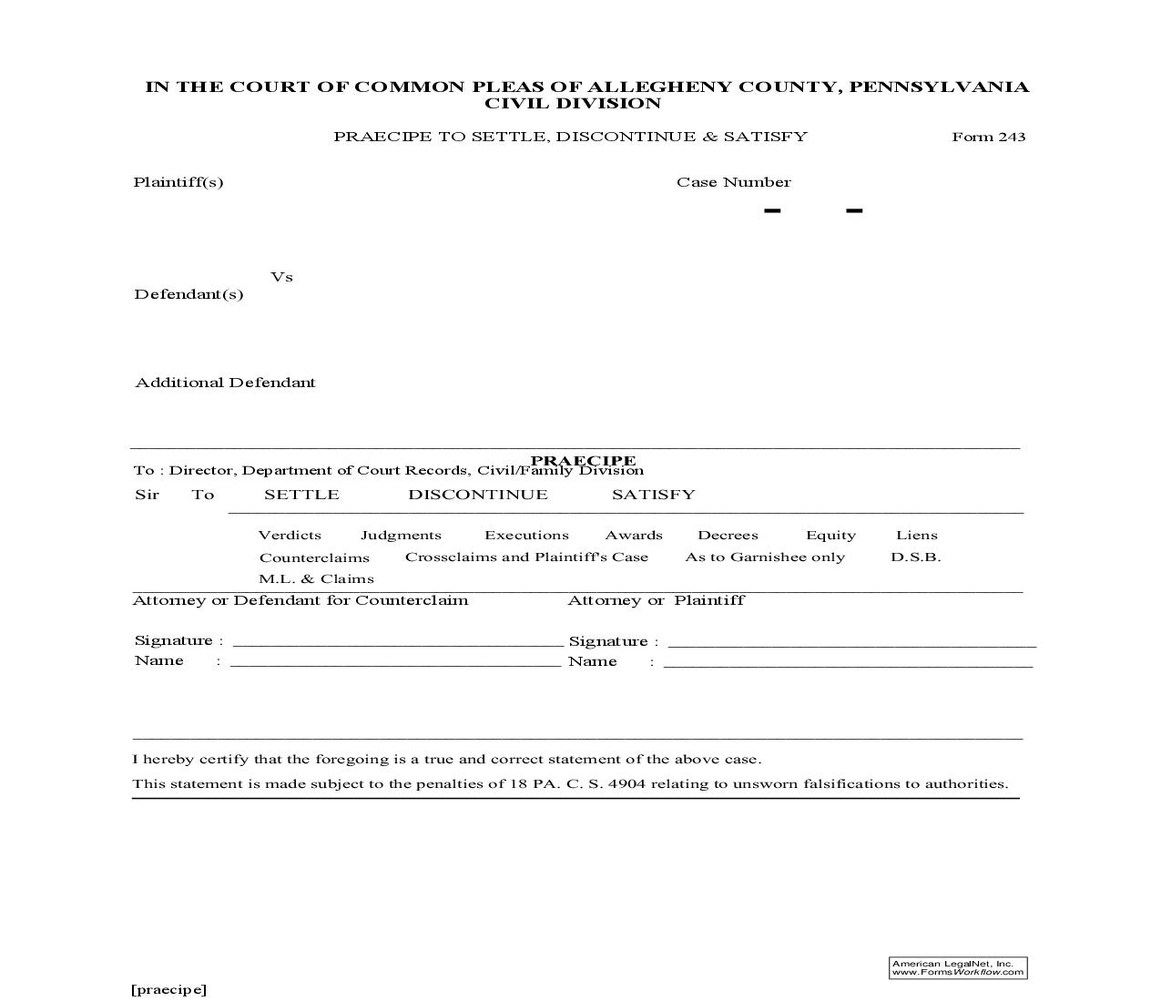 Praecipe To Settle Discontinue And Satisfy {243} | Pdf Fpdf Doc Docx | Pennsylvania