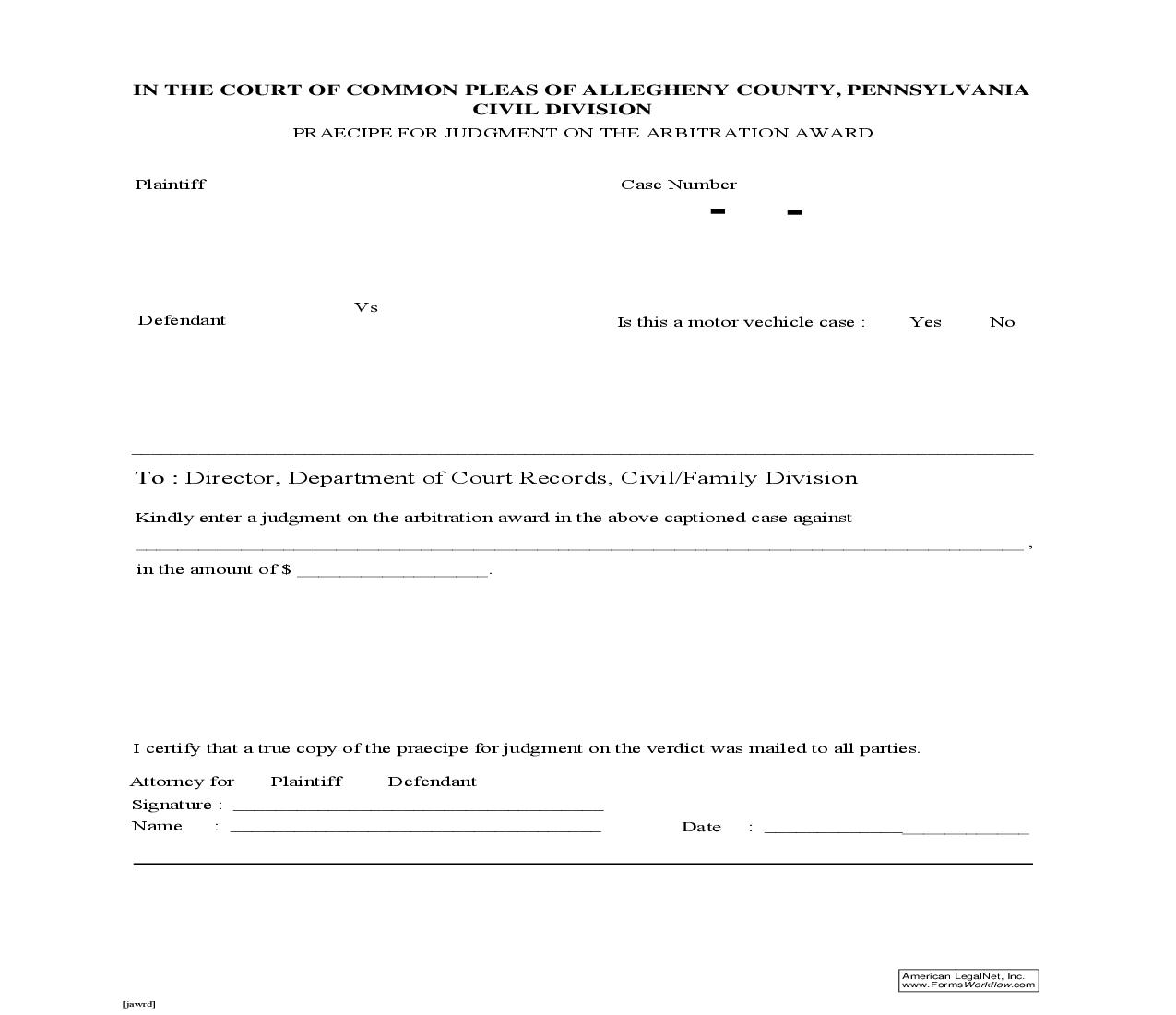 Praecipe for Judgment On Arbitration Award | Pdf Fpdf Doc Docx | Pennsylvania