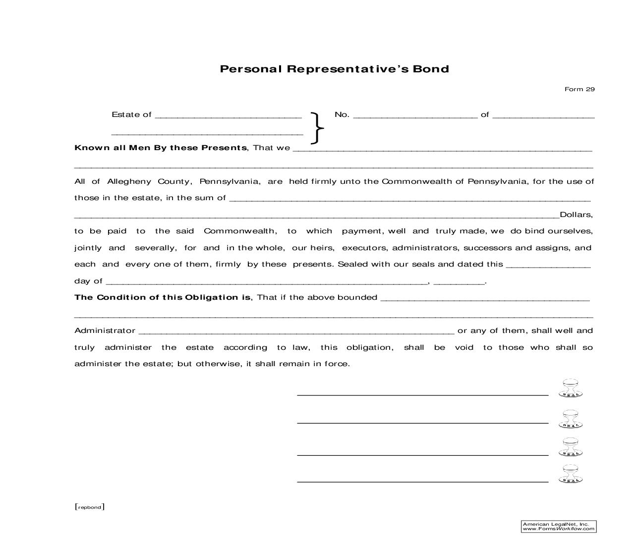 Personal Representatives Bond {29} | Pdf Fpdf Doc Docx | Pennsylvania