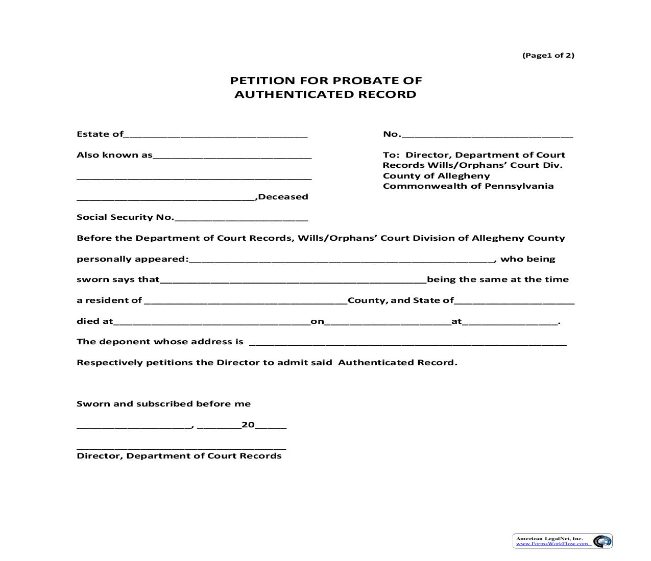 Petition For Probate Of Authenticated Record | Pdf Fpdf Doc Docx | Pennsylvania