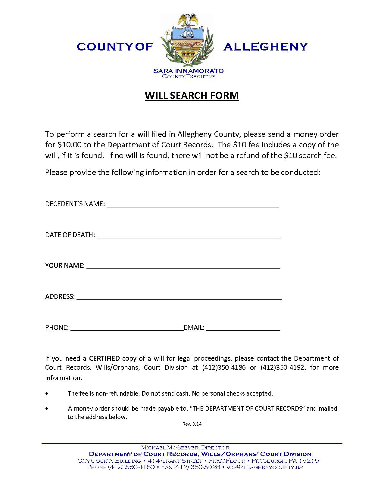 Will Search Form | Pdf Fpdf Doc Docx | Pennsylvania