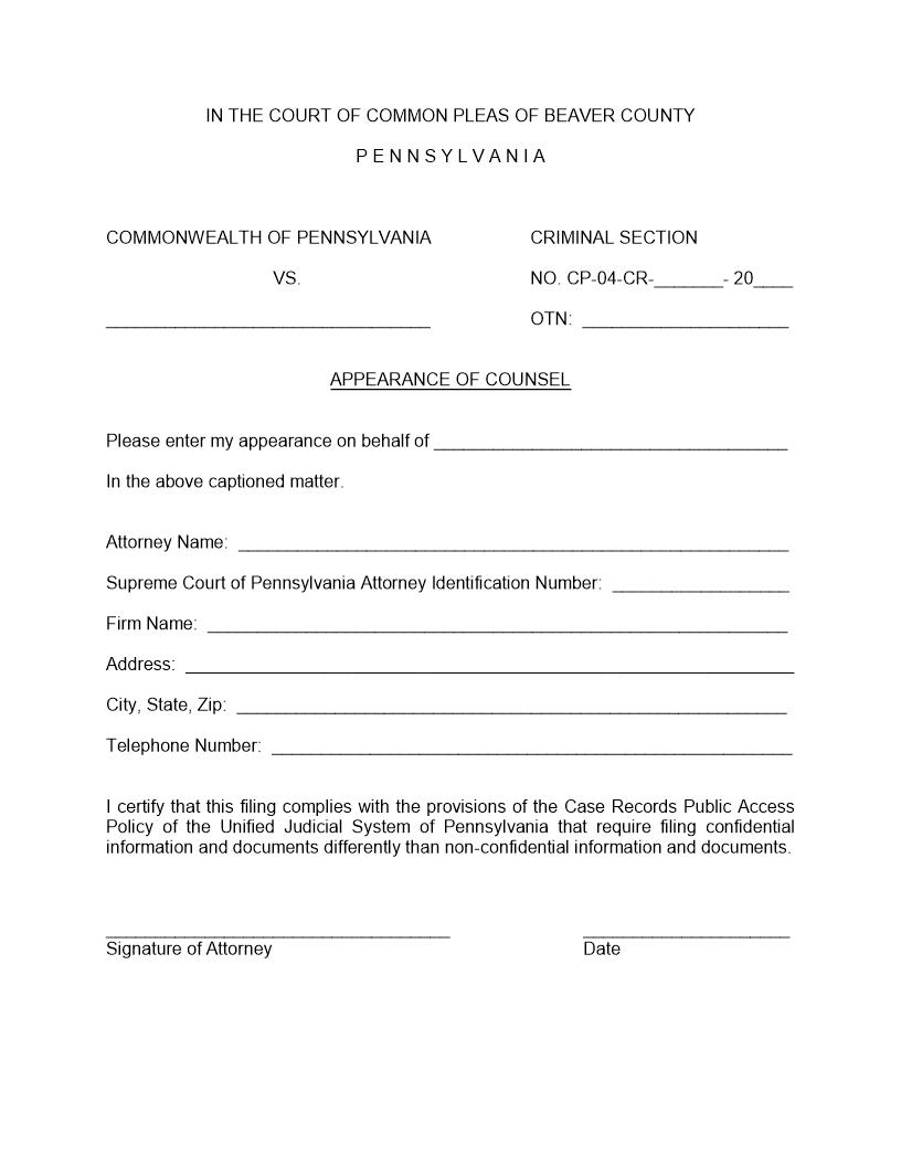Appearance Of Counsel | Pdf Fpdf Doc Docx | Pennsylvania