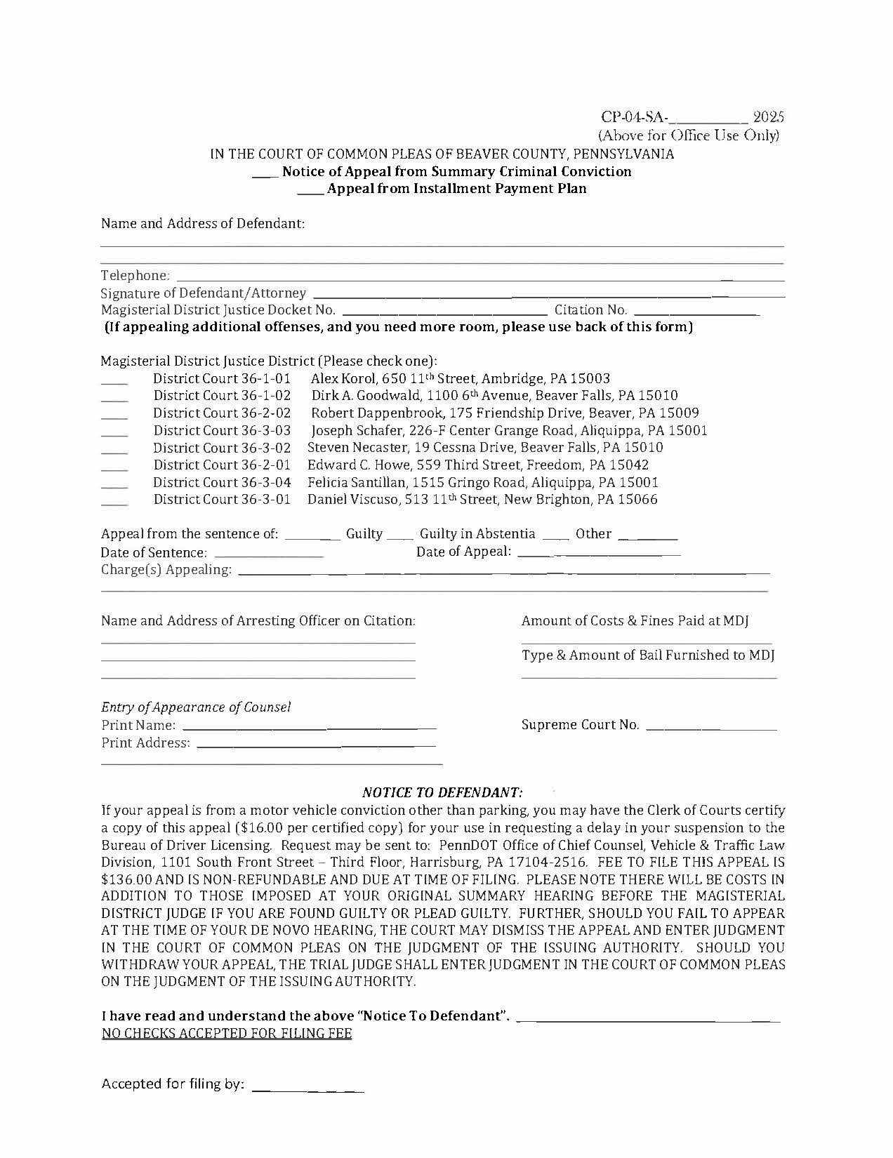 Notice Of Appeal From Summary Criminal Conviction | Pdf Fpdf Docx | Pennsylvania
