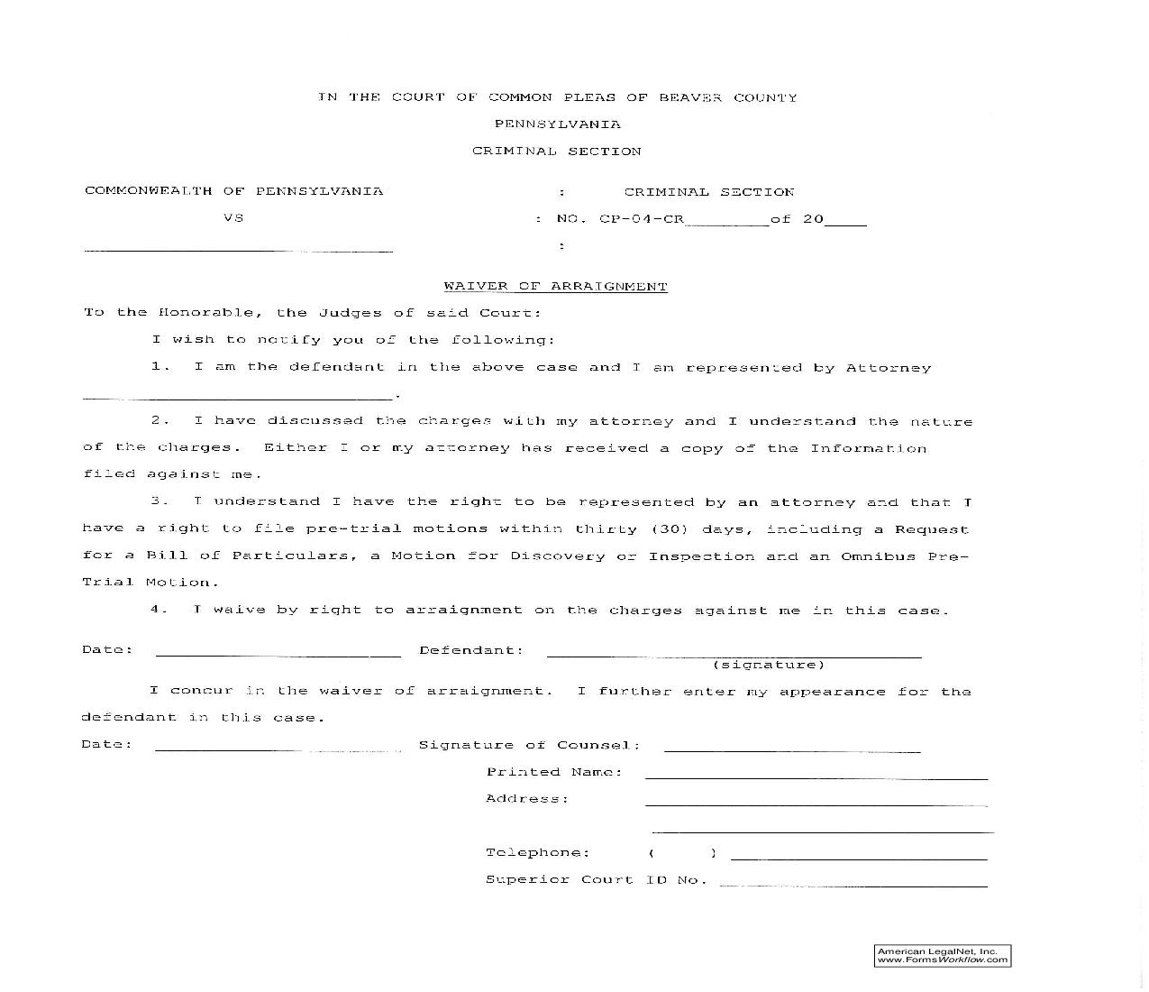 Waiver Of Arraignment | Pdf Fpdf Doc Docx | Pennsylvania