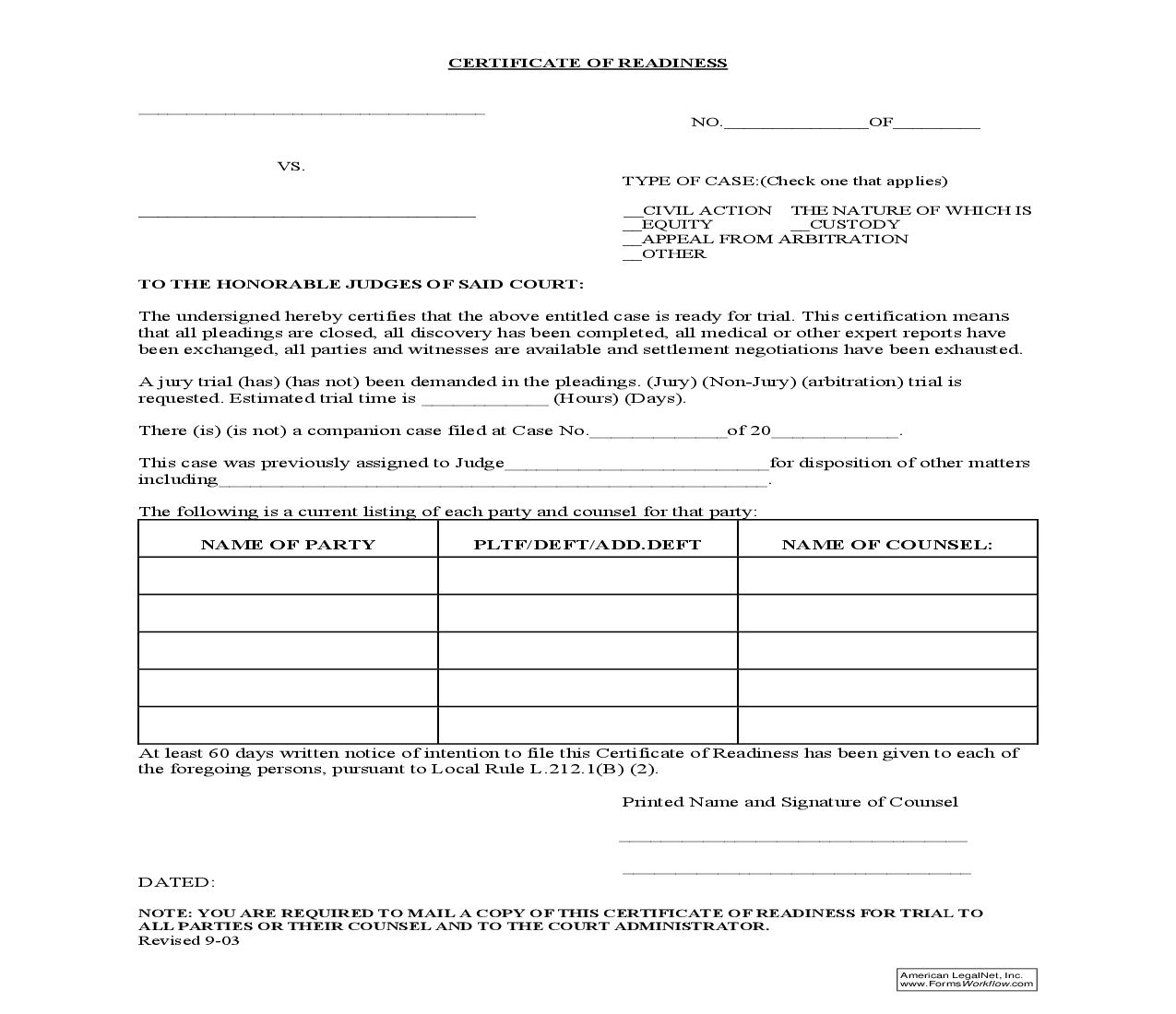 Certificate Of Readiness | Pdf Fpdf Doc Docx | Pennsylvania