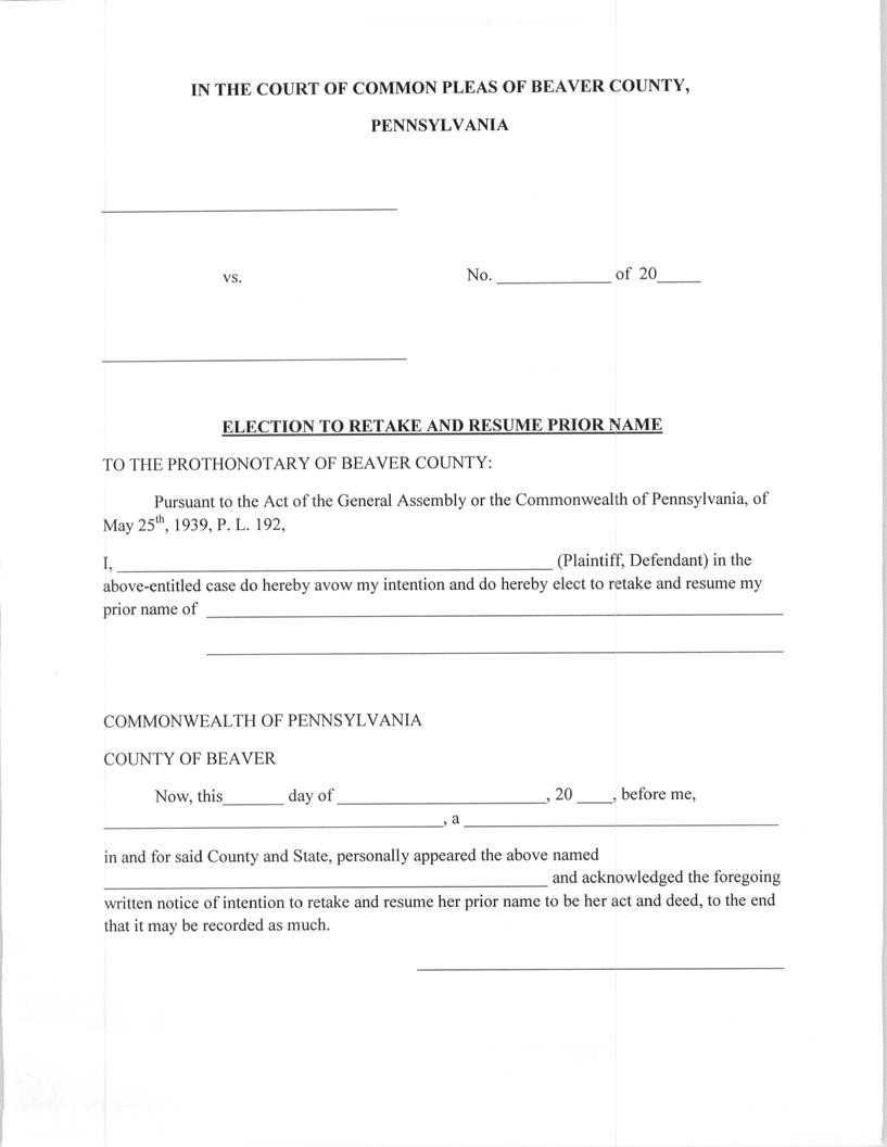 Election To Retake And Resume Prior Name | Pdf Fpdf Doc Docx | Pennsylvania