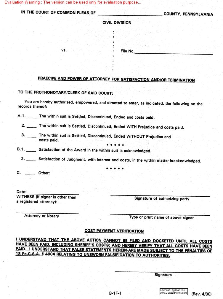 Praecipe And Power Of Attorney For Satisfaction And Or Termination | Pdf Fpdf Doc Docx | Pennsylvania