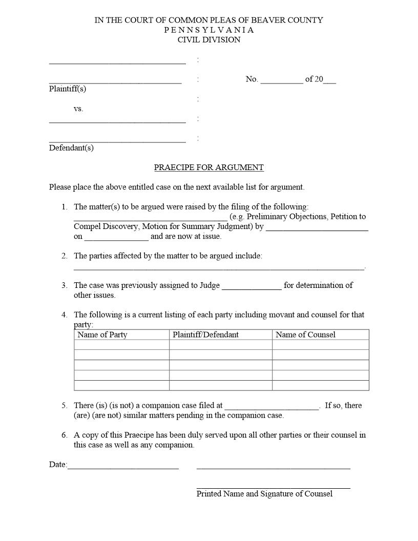 Praecipe For Argument | Pdf Fpdf Doc Docx | Pennsylvania