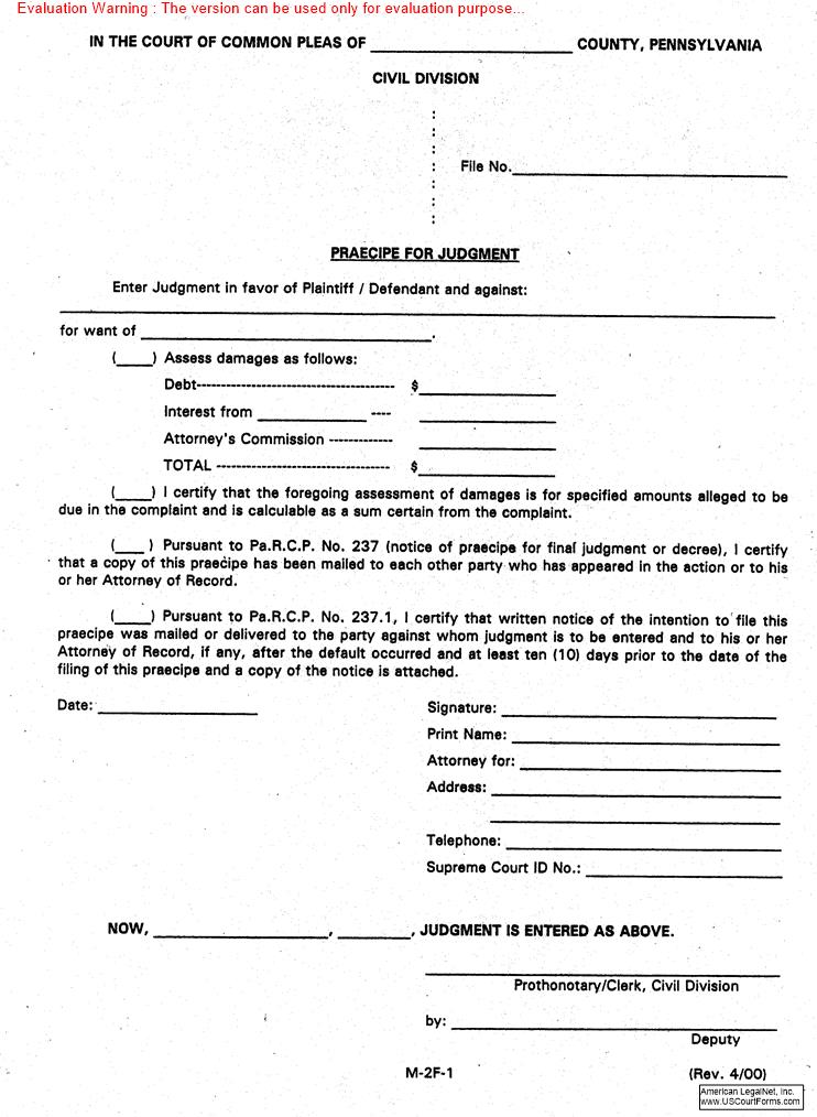 Praecipe For Judgment | Pdf Fpdf Doc Docx | Pennsylvania
