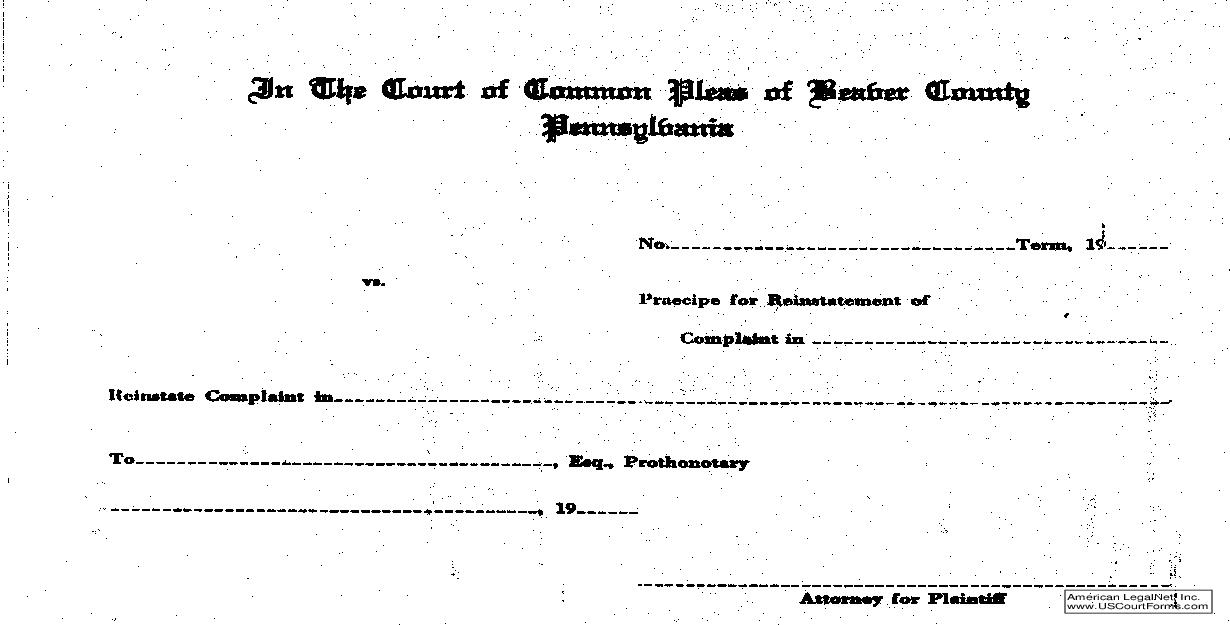 Praecipe For Reinstatement Of Complaint | Pdf Fpdf Doc Docx | Pennsylvania