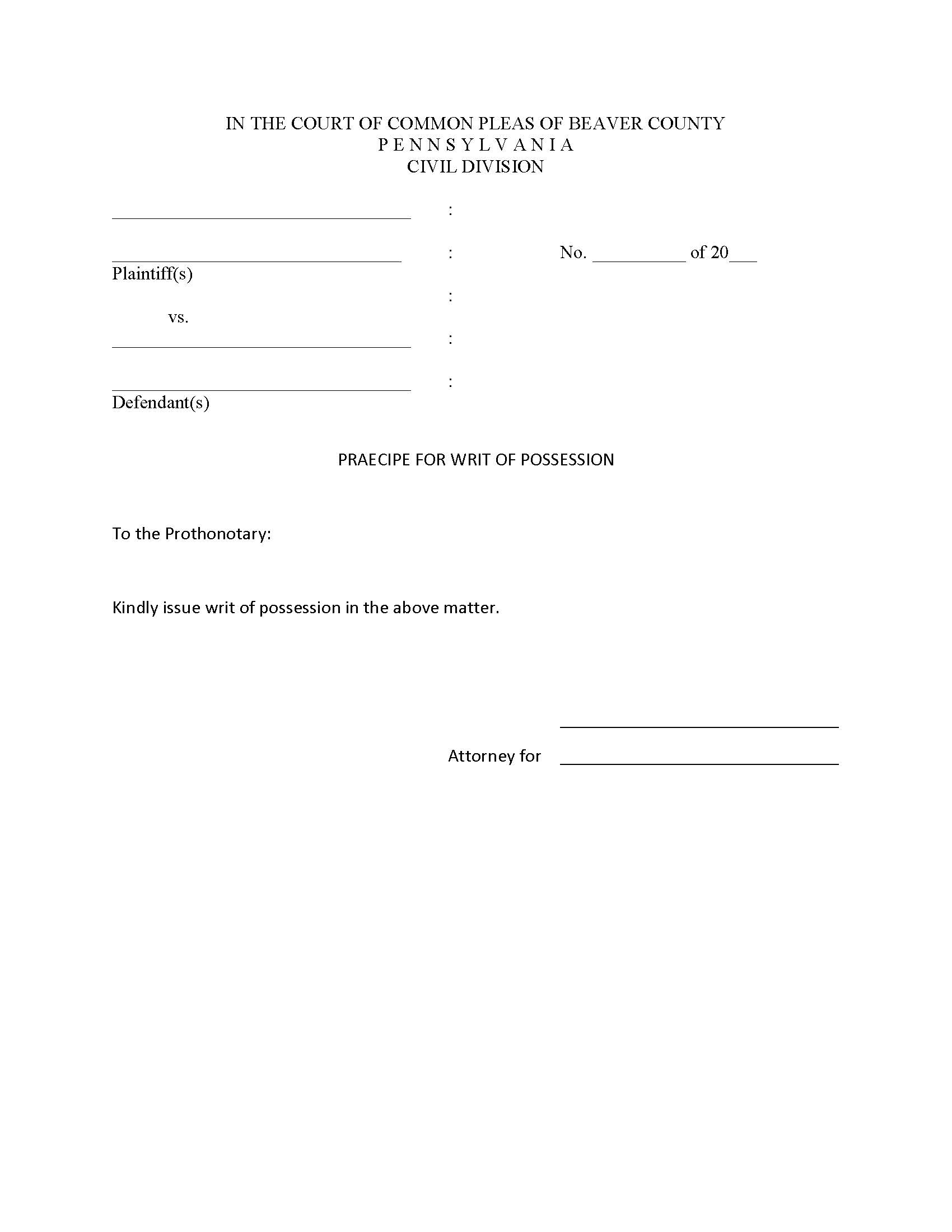 Praecipe For Writ Of Possession | Pdf Fpdf Doc Docx | Pennsylvania