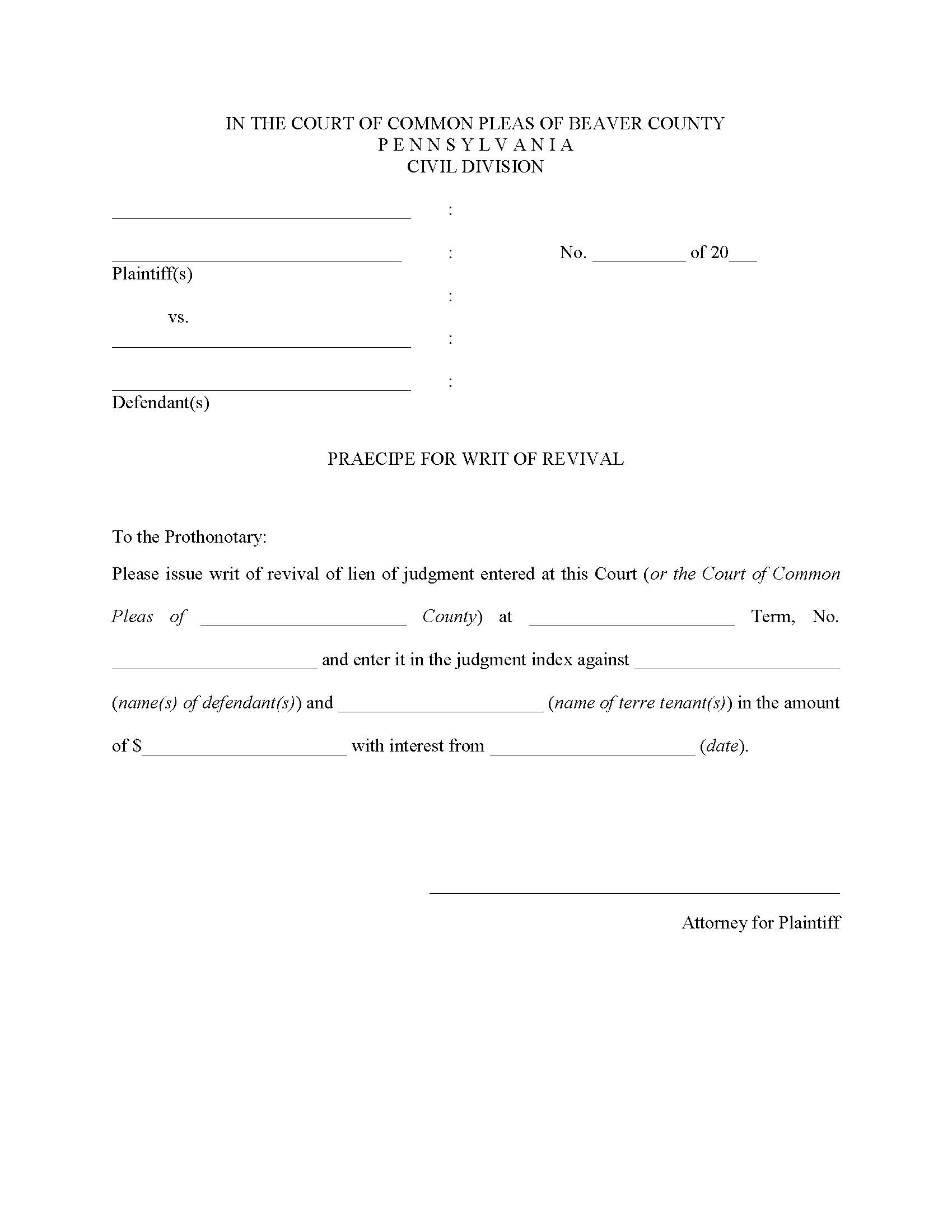 Praecipe For Writ Of Revival | Pdf Fpdf Doc Docx | Pennsylvania