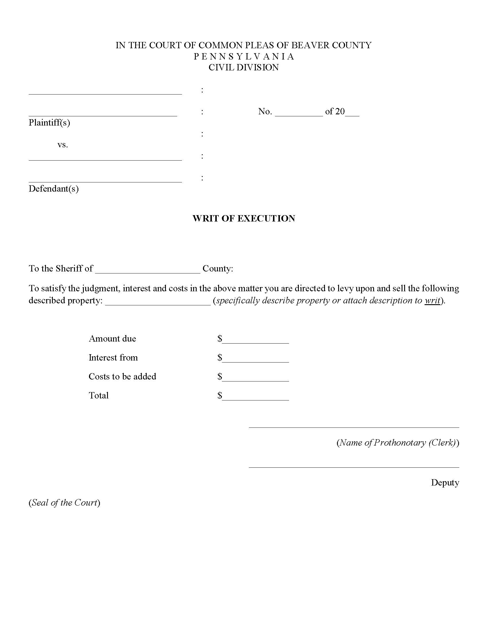 Praecipe For Writ of Execution-Money Judgments | Pdf Fpdf Doc Docx | Pennsylvania