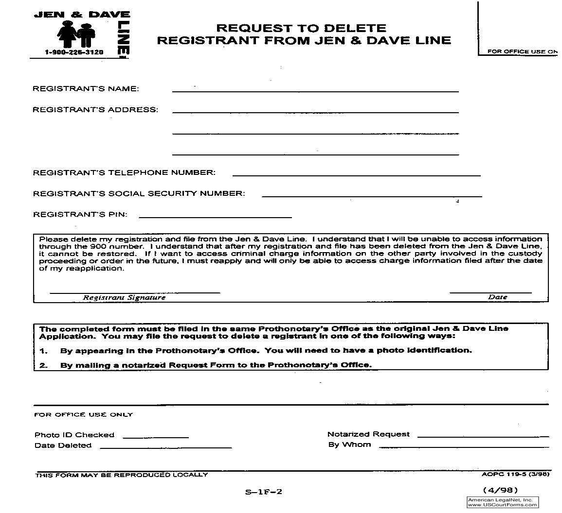Request To Delete Registrant From Jen And Dave Line | Pdf Fpdf Doc Docx | Pennsylvania