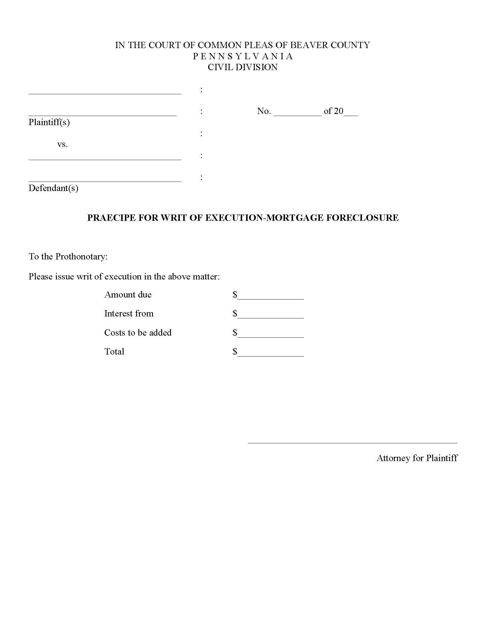 Writ Of Execution-Mortgage Foreclosure | Pdf Fpdf Doc Docx | Pennsylvania