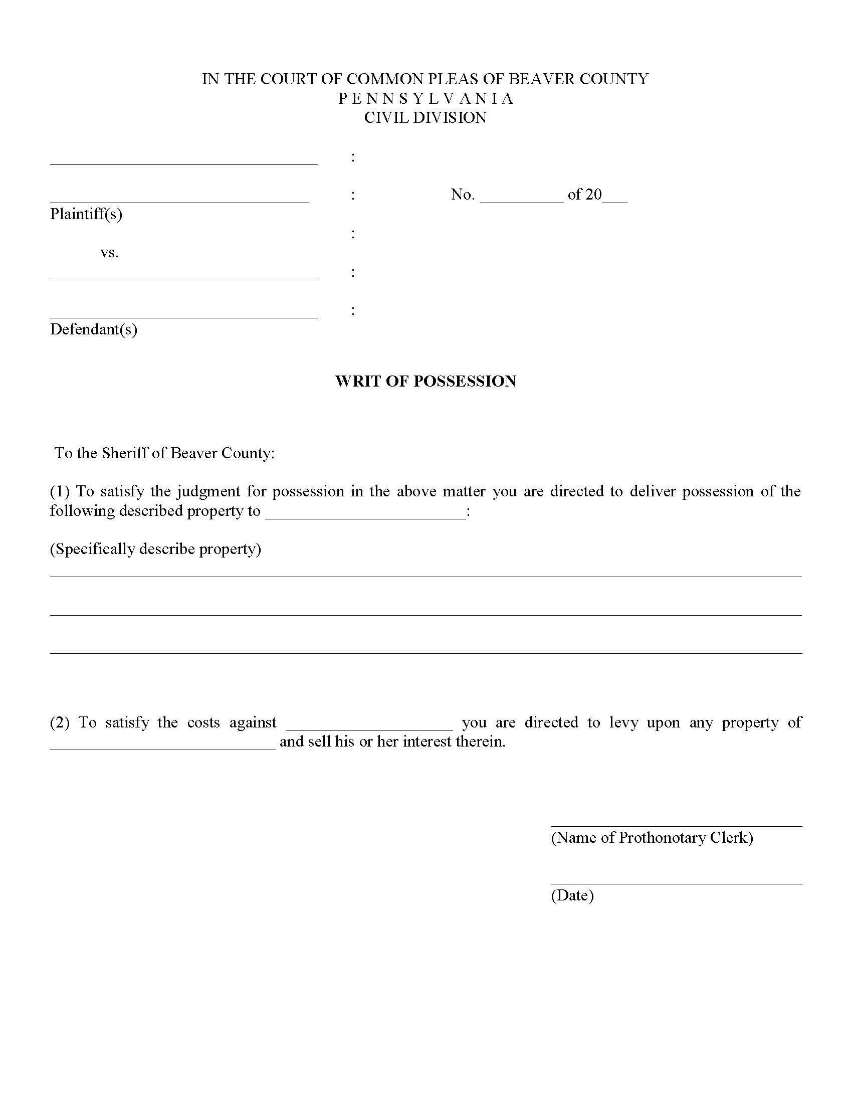 Writ Of Possession | Pdf Fpdf Doc Docx | Pennsylvania