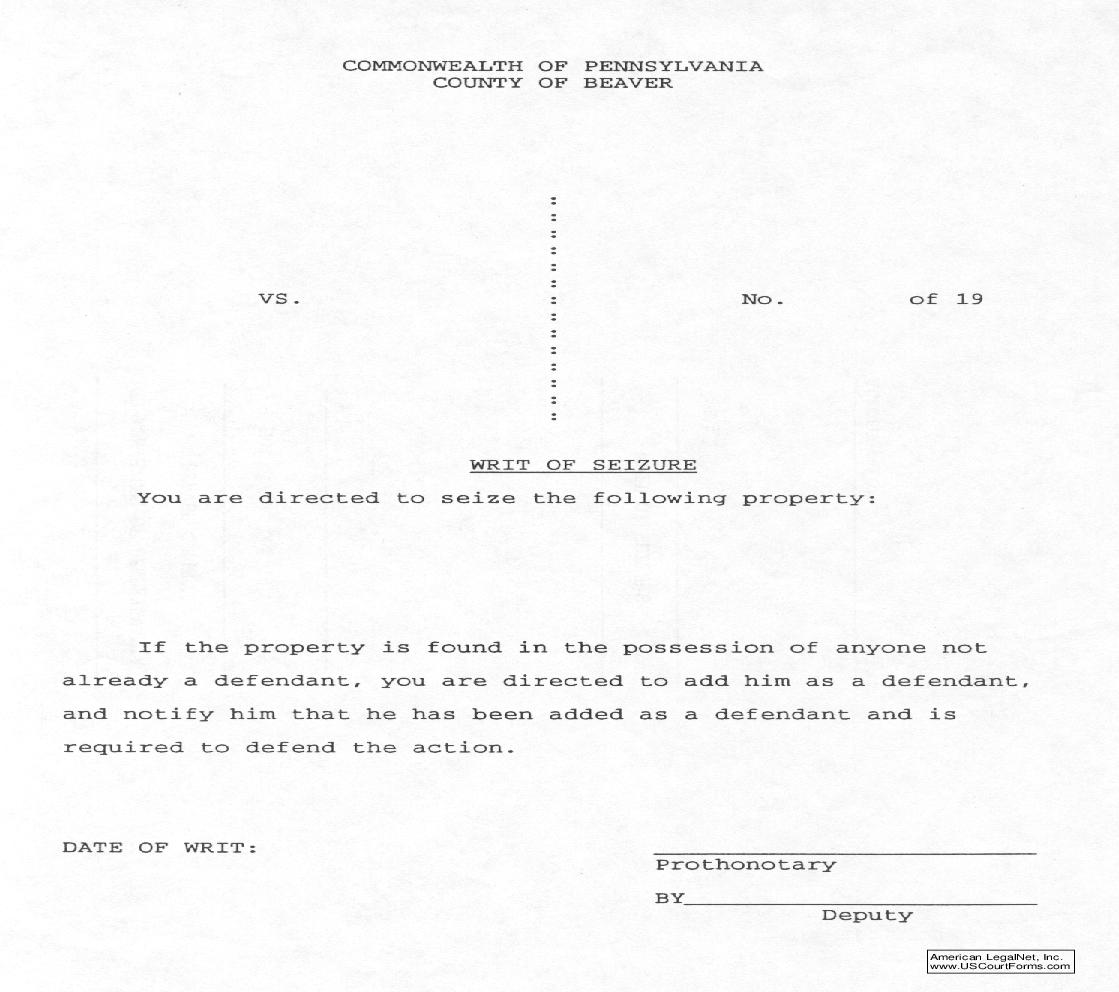 Writ Of Seizure | Pdf Fpdf Doc Docx | Pennsylvania
