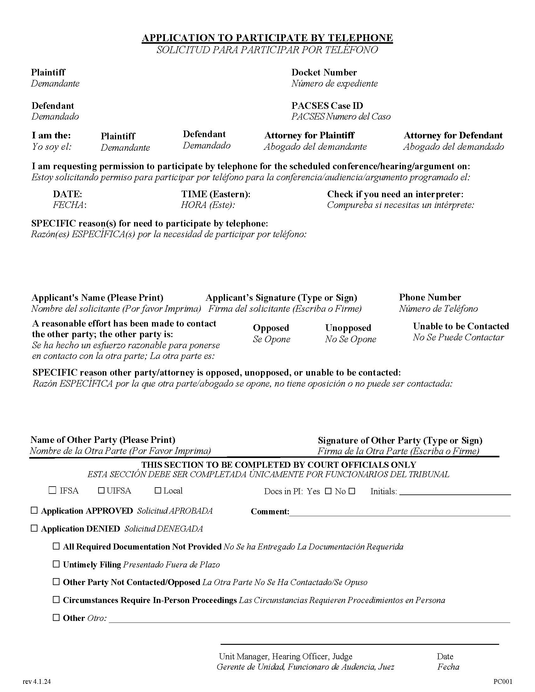 Application To Participate By Telephone | Pdf Fpdf Docx | Pennsylvania