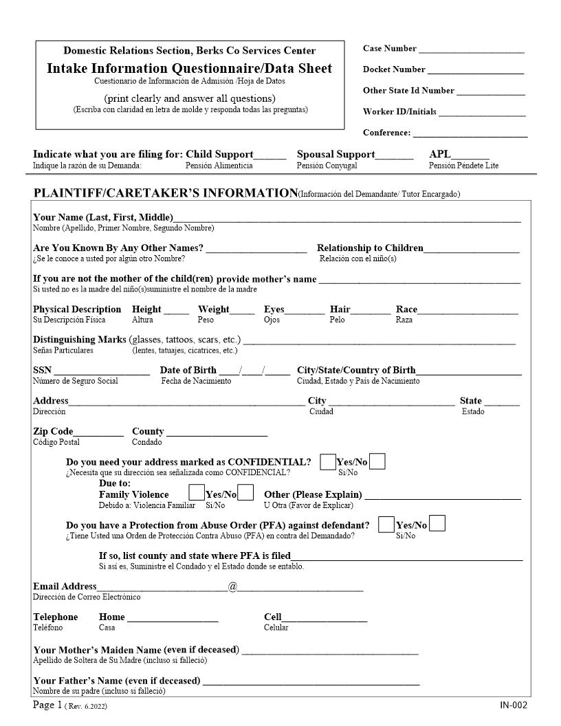 Intake Information Questionairre-Data Sheet | Pdf Fpdf Doc Docx | Pennsylvania