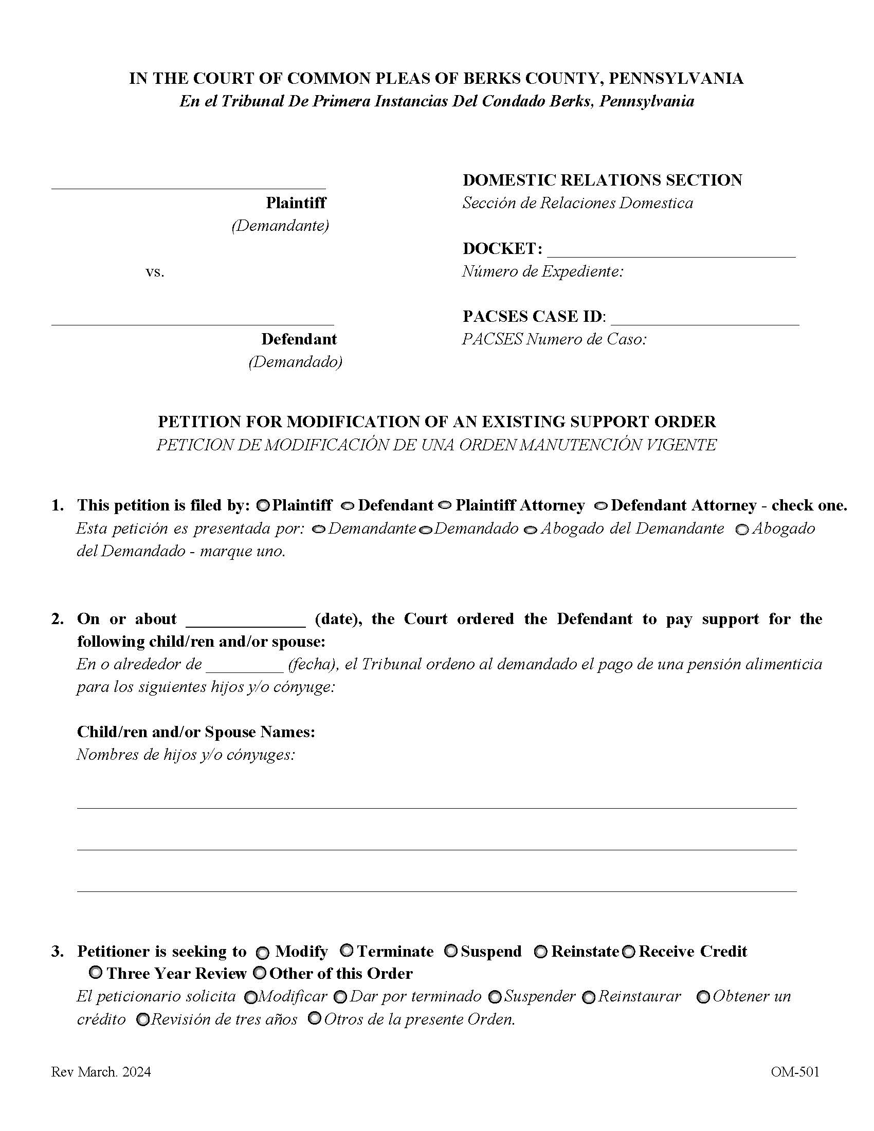 Petition For Modification Of Existing Support Order {OM-501} | Pdf Fpdf Docx | Pennsylvania