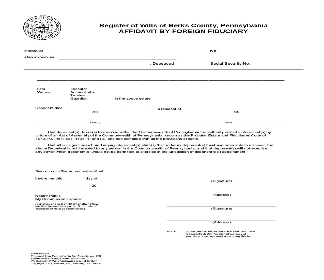 Affidavit By Foreign Fiduciary {RW-8} | Pdf Fpdf Doc Docx | Pennsylvania