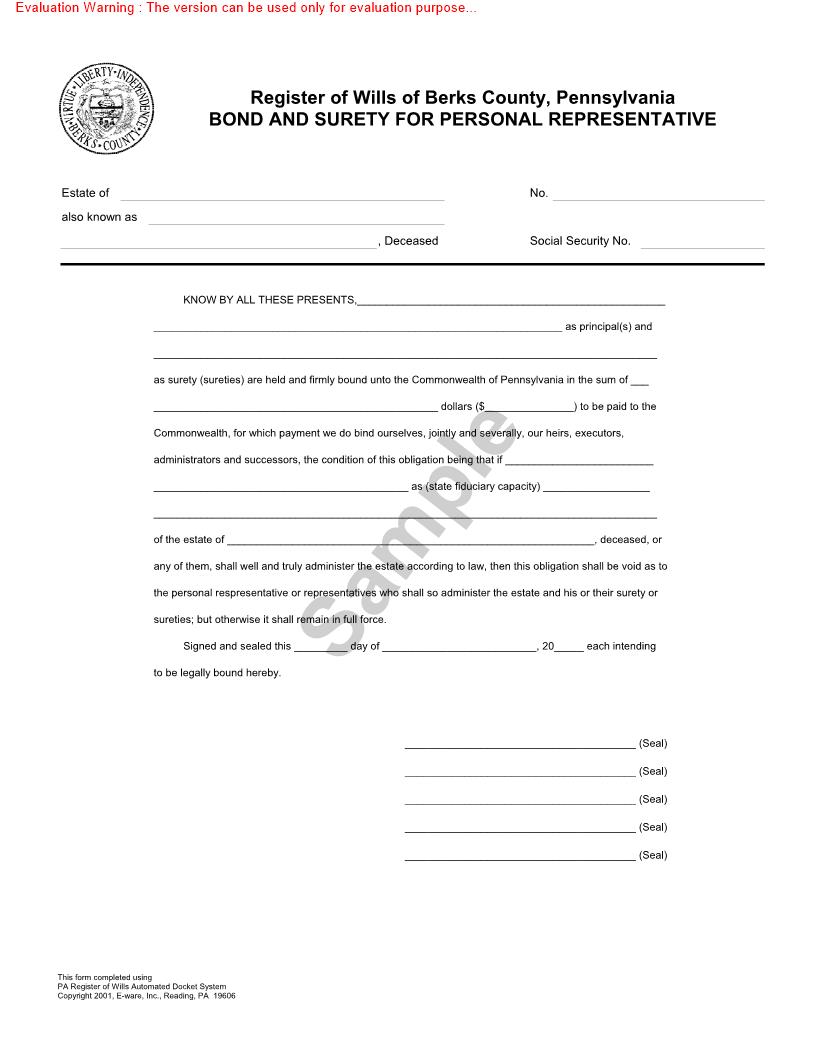 Bond And Surety For Personal Representative | Pdf Fpdf Doc Docx | Pennsylvania