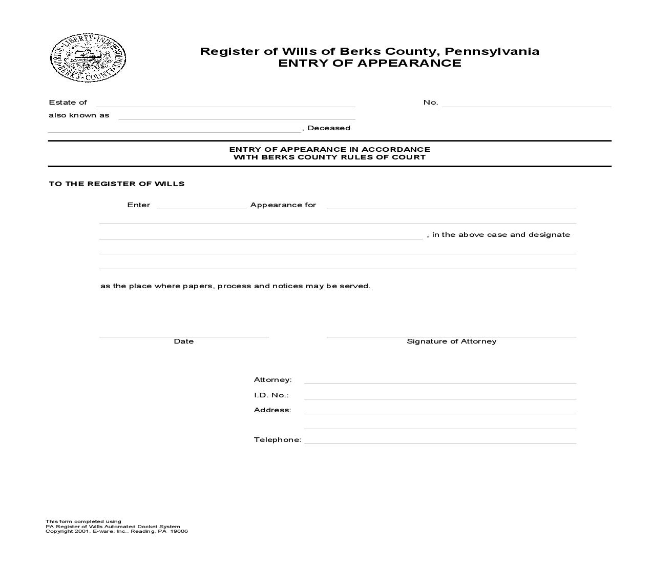 Entry Of Appearance | Pdf Fpdf Doc Docx | Pennsylvania