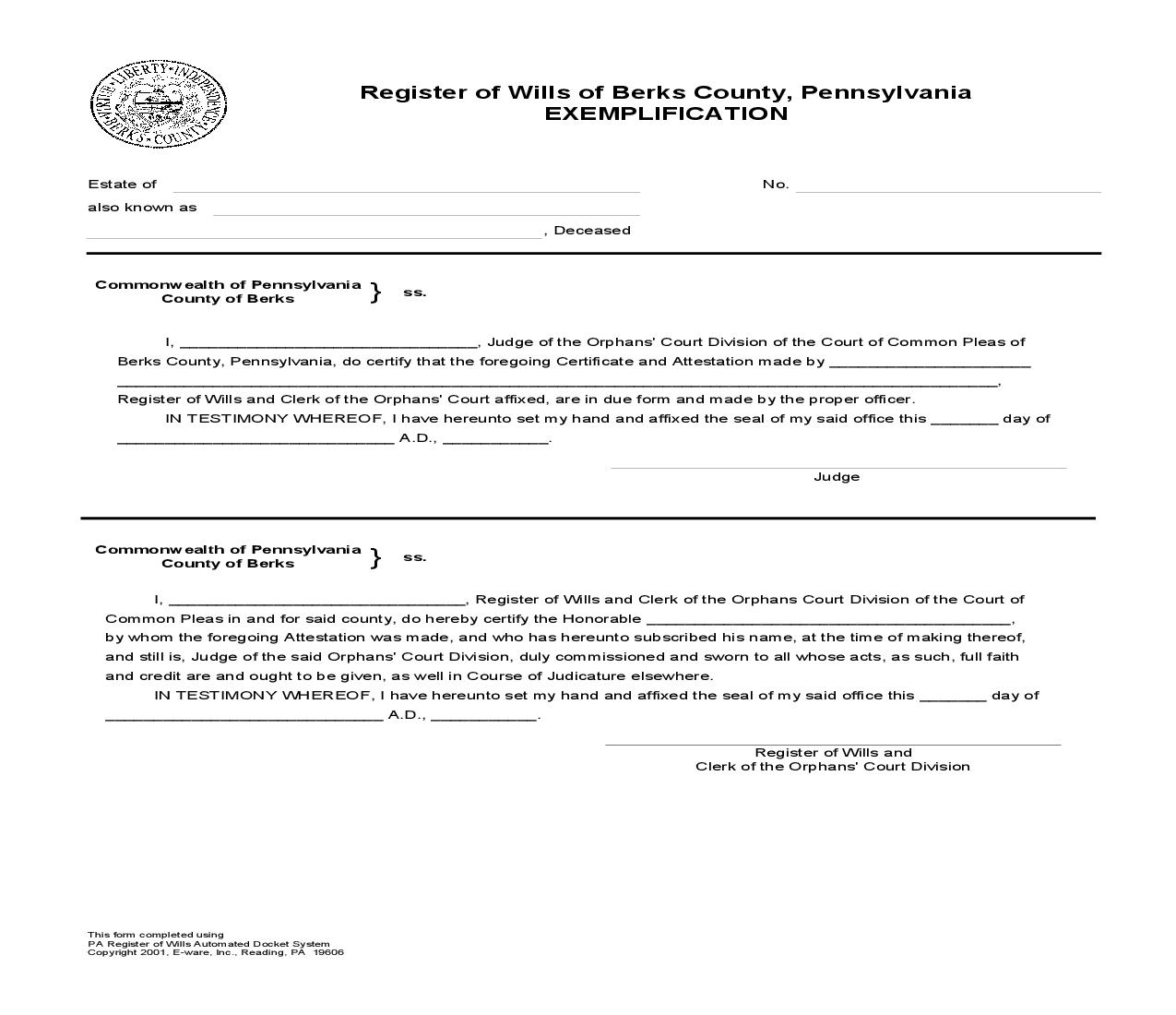 Exemplification | Pdf Fpdf Doc Docx | Pennsylvania