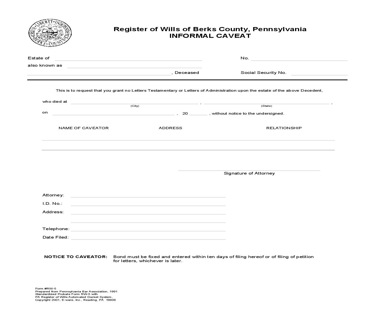 Informal Caveat {RW-5} | Pdf Fpdf Doc Docx | Pennsylvania