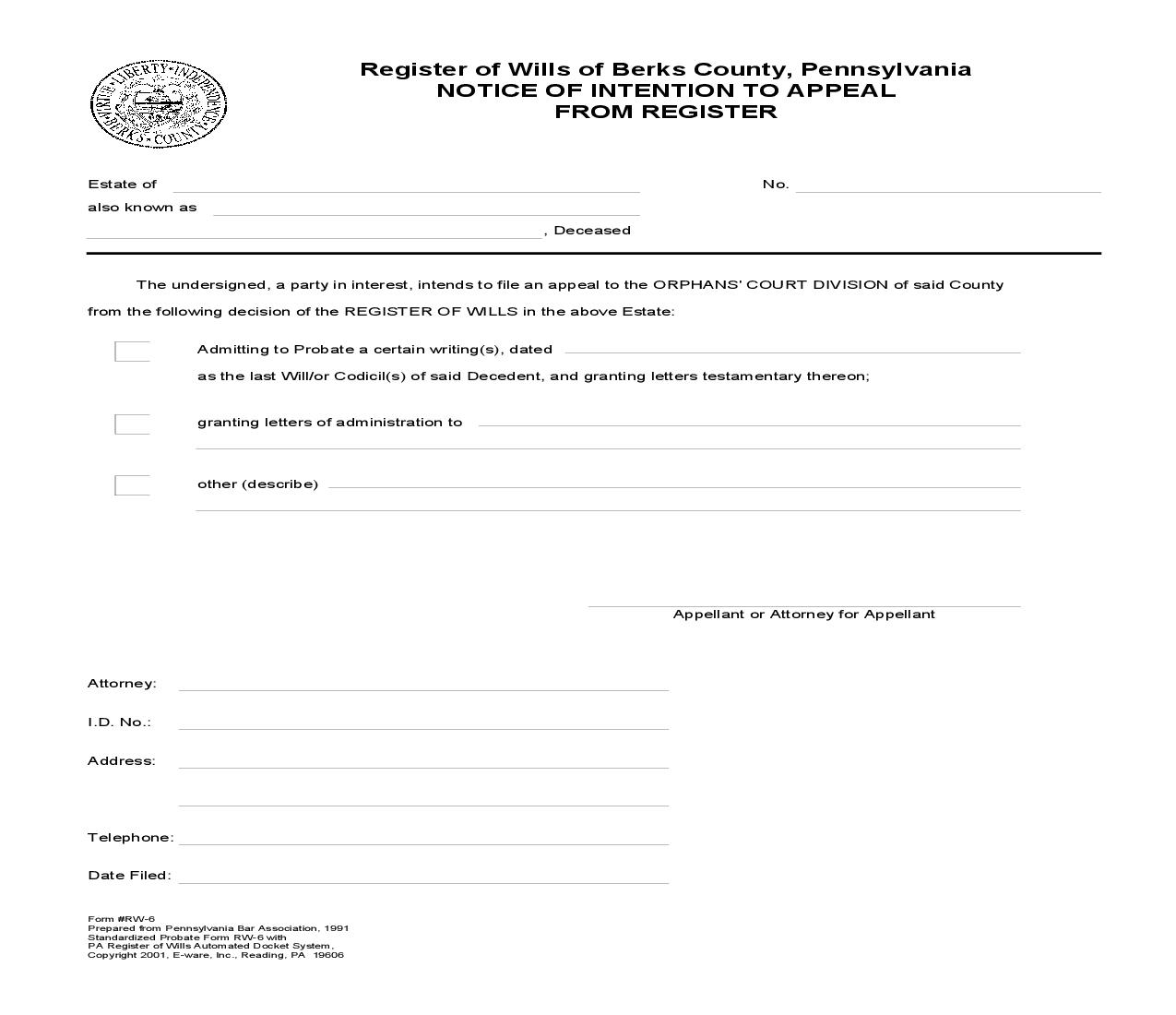 Notice Of Intention To Appeal From Register {RW-6} | Pdf Fpdf Doc Docx | Pennsylvania