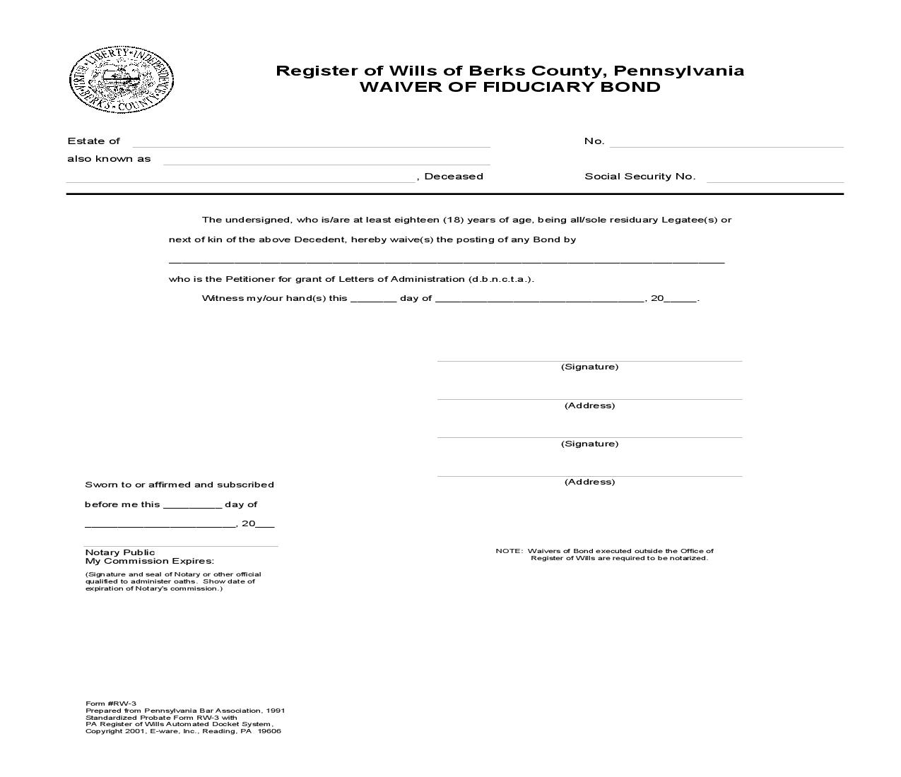 Waiver Of Fiduciary Bond {RW-3} | Pdf Fpdf Doc Docx | Pennsylvania