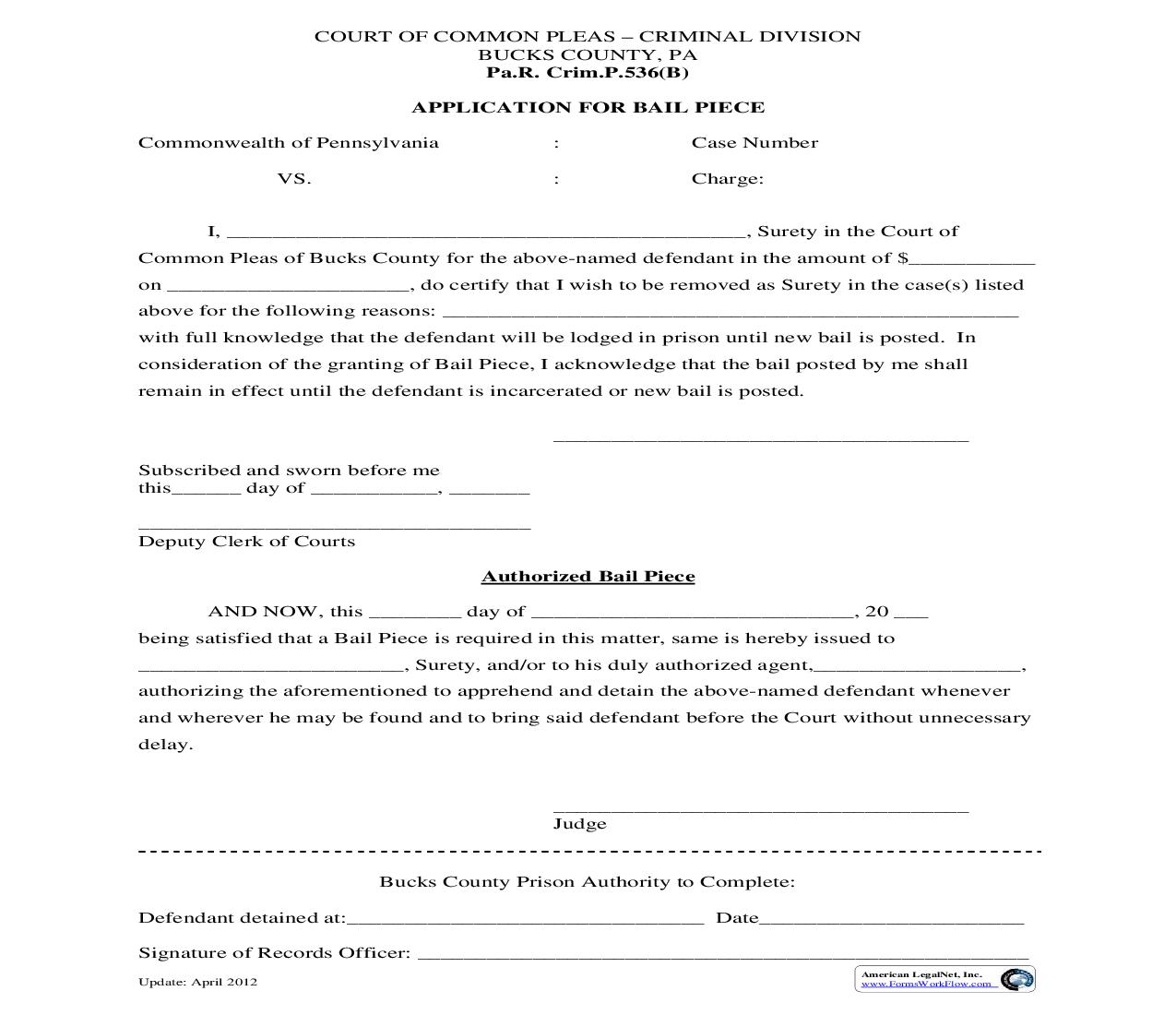 Application For Bail Piece | Pdf Fpdf Doc Docx | Pennsylvania