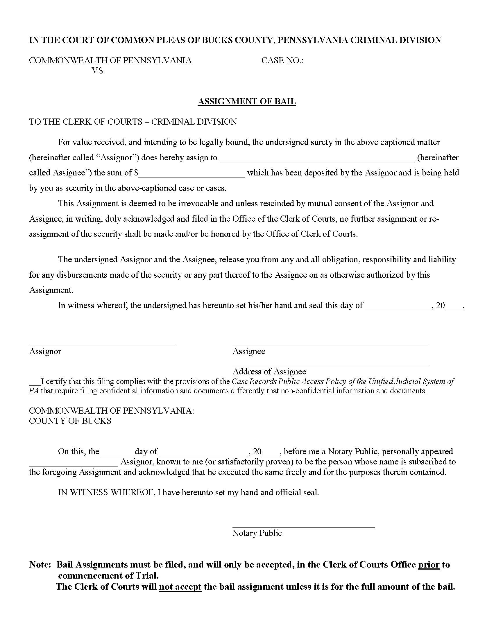 Assignment Of Bail | Pdf Fpdf Doc Docx | Pennsylvania