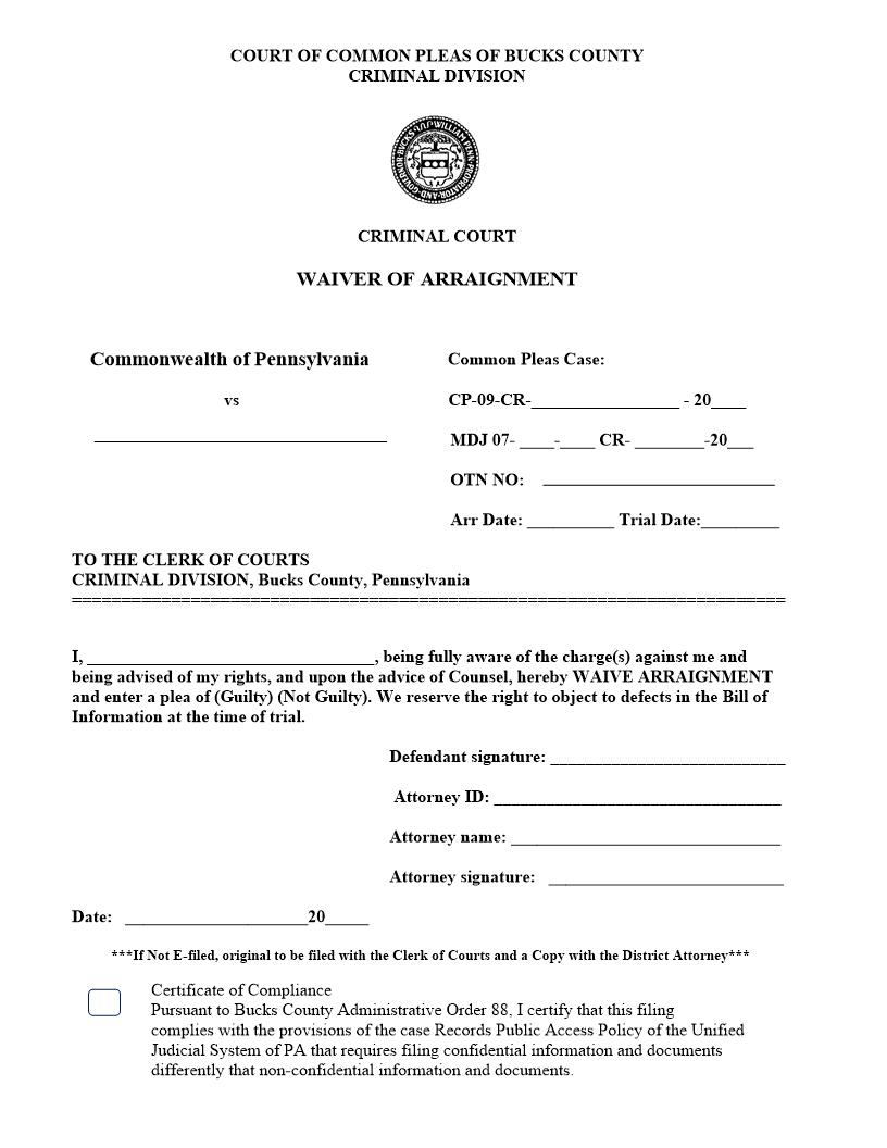 Waiver Of Arraignment | Pdf Fpdf Docx | Pennsylvania